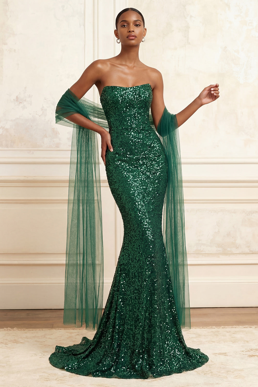 ZAPAKA Women Sparkly Mermaid Prom Dress Dark Green Strapless Sequins Long Evening Dress with Cape, Dark Green / UK28