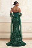 Sparkly Dark Green Mermaid Strapless Sequins Long Prom Dress with Cape