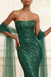 Sparkly Dark Green Mermaid Strapless Sequins Long Prom Dress with Cape