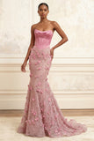 Mermaid Pink Strapless Corset Ruched Basque Waist Long Prom Dress with 3D Flowers