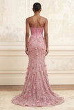 Mermaid Pink Strapless Corset Ruched Basque Waist Long Prom Dress with 3D Flowers