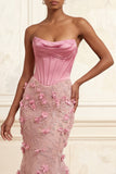 Mermaid Pink Strapless Corset Ruched Basque Waist Long Prom Dress with 3D Flowers