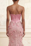 Mermaid Pink Strapless Corset Ruched Basque Waist Long Prom Dress with 3D Flowers