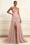 A-Line Pink Sweetheart Corset 3D Flowers Long Prom Dress with Slit
