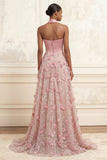 A-Line Pink Sweetheart Corset 3D Flowers Long Prom Dress with Slit