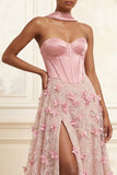 A-Line Pink Sweetheart Corset 3D Flowers Long Prom Dress with Slit