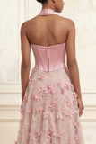 A-Line Pink Sweetheart Corset 3D Flowers Long Prom Dress with Slit