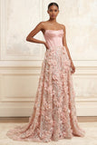 Blush A-Line Strapless Corset Sequins Floral Long Prom Dress with 3D Flowers