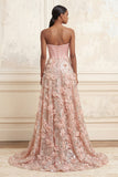Blush A-Line Strapless Corset Sequins Floral Long Prom Dress with 3D Flowers