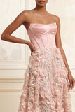 Blush A-Line Strapless Corset Sequins Floral Long Prom Dress with 3D Flowers