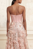 Blush A-Line Strapless Corset Sequins Floral Long Prom Dress with 3D Flowers
