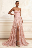 Blush A-Line Strapless Corset Sequins Basque Waist Floral Long Prom Dress with Slit