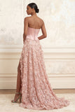 Blush A-Line Strapless Corset Sequins Basque Waist Floral Long Prom Dress with Slit