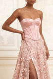 Blush A-Line Strapless Corset Sequins Basque Waist Floral Long Prom Dress with Slit