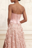 Blush A-Line Strapless Corset Sequins Basque Waist Floral Long Prom Dress with Slit