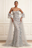Silver Mermaid Strapless Sequins Appliqued Floral Long Prom Dress with Cape