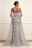 Silver Mermaid Strapless Sequins Appliqued Floral Long Prom Dress with Cape