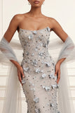 Silver Mermaid Strapless Sequins Appliqued Floral Long Prom Dress with Cape