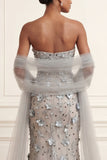 Silver Mermaid Strapless Sequins Appliqued Floral Long Prom Dress with Cape