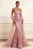 Sparkly Pink Mermaid Strapless Sequins Long Prom Dress with Cape