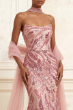 Sparkly Pink Mermaid Strapless Sequins Long Prom Dress with Cape