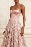 Blush A-Line Strapless Corset Sequins Appliqued Long Prom Dress with 3D Flowers