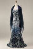 Floral Embroidery Ombre Sequin Long Prom Dress with Tulle Shawl