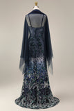 Floral Embroidery Ombre Sequin Long Prom Dress with Tulle Shawl