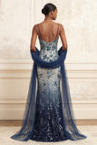Floral Embroidery Ombre Sequin Long Prom Dress with Tulle Shawl