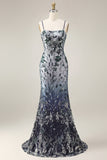 Floral Embroidery Ombre Sequin Long Prom Dress with Tulle Shawl