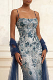 Sequin Floral Embroidery Ombre Long Prom Dress with Tulle Shawl
