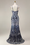 Floral Embroidery Ombre Sequin Long Prom Dress with Tulle Shawl