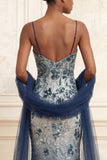 Sequin Floral Embroidery Ombre Long Prom Dress with Tulle Shawl