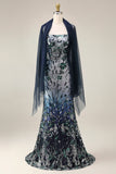 Floral Embroidery Ombre Sequin Long Prom Dress with Tulle Shawl