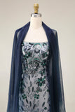 Floral Embroidery Ombre Sequin Long Prom Dress with Tulle Shawl