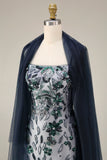 Floral Embroidery Ombre Sequin Long Prom Dress with Tulle Shawl