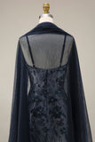 Floral Embroidery Ombre Sequin Long Prom Dress with Tulle Shawl