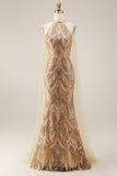 Sparkly Champagne Halter Mermaid Sequins Long Evening Dress
