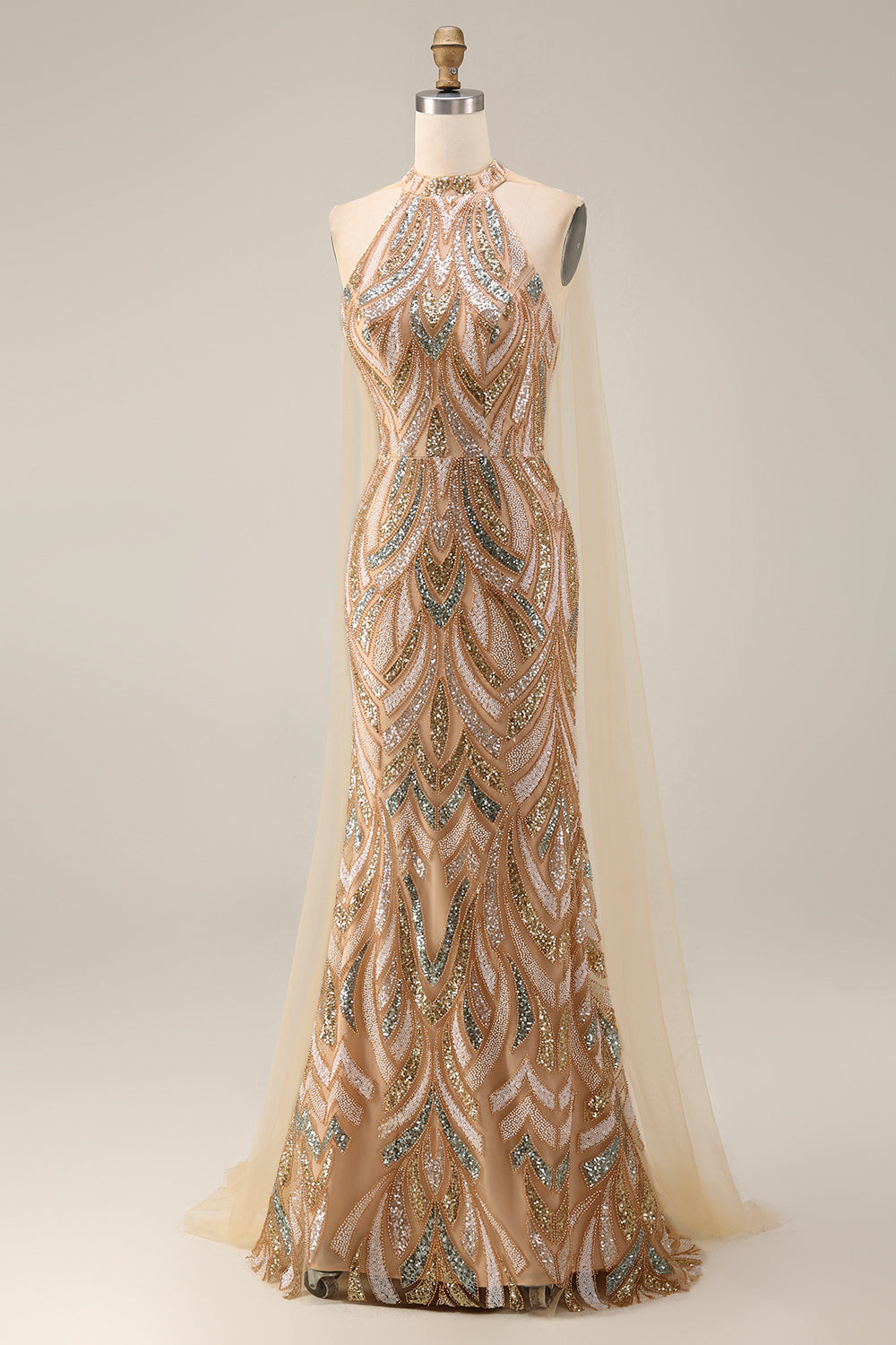 ZAPAKA Women Champagne Mermaid Prom Dress Sparkly Halter Neck Sequins