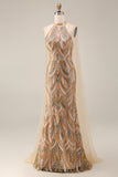 Sparkly Champagne Halter Mermaid Sequins Long Evening Dress