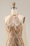 Sparkly Champagne Halter Mermaid Sequins Long Evening Dress