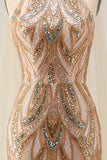 Sparkly Champagne Halter Mermaid Sequins Long Evening Dress