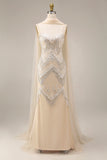 Sparkly Apricot Mermaid Beaded Long Prom Dress with Cape