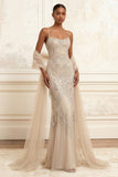 Sparkly Apricot Mermaid Beaded Long Prom Dress with Cape