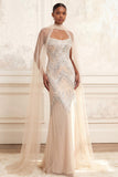 Sparkly Apricot Mermaid Beaded Long Prom Dress with Cape
