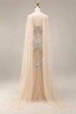 Sparkly Apricot Mermaid Beaded Long Prom Dress with Cape