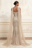 Sparkly Apricot Mermaid Beaded Long Prom Dress with Cape