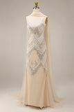 Sparkly Apricot Mermaid Beaded Long Prom Dress with Cape