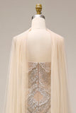 Sparkly Apricot Mermaid Beaded Long Prom Dress with Cape