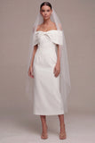 White Off the Shoulder Sheath Midi Wedding Dress with Bow